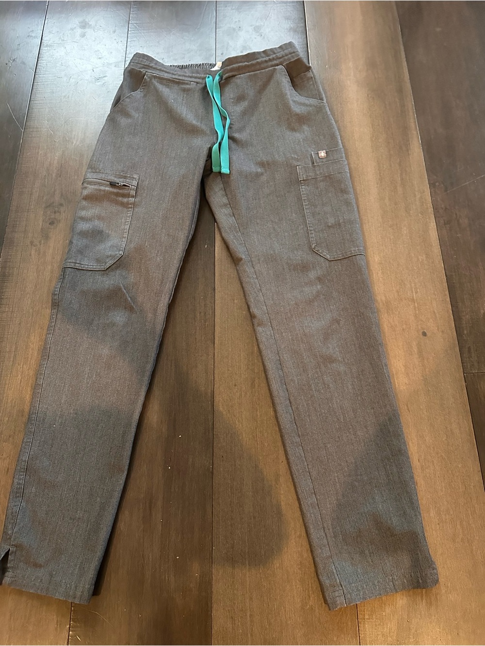 Figs women's  Gray Drawstring Cargo Pants with Teal Accent